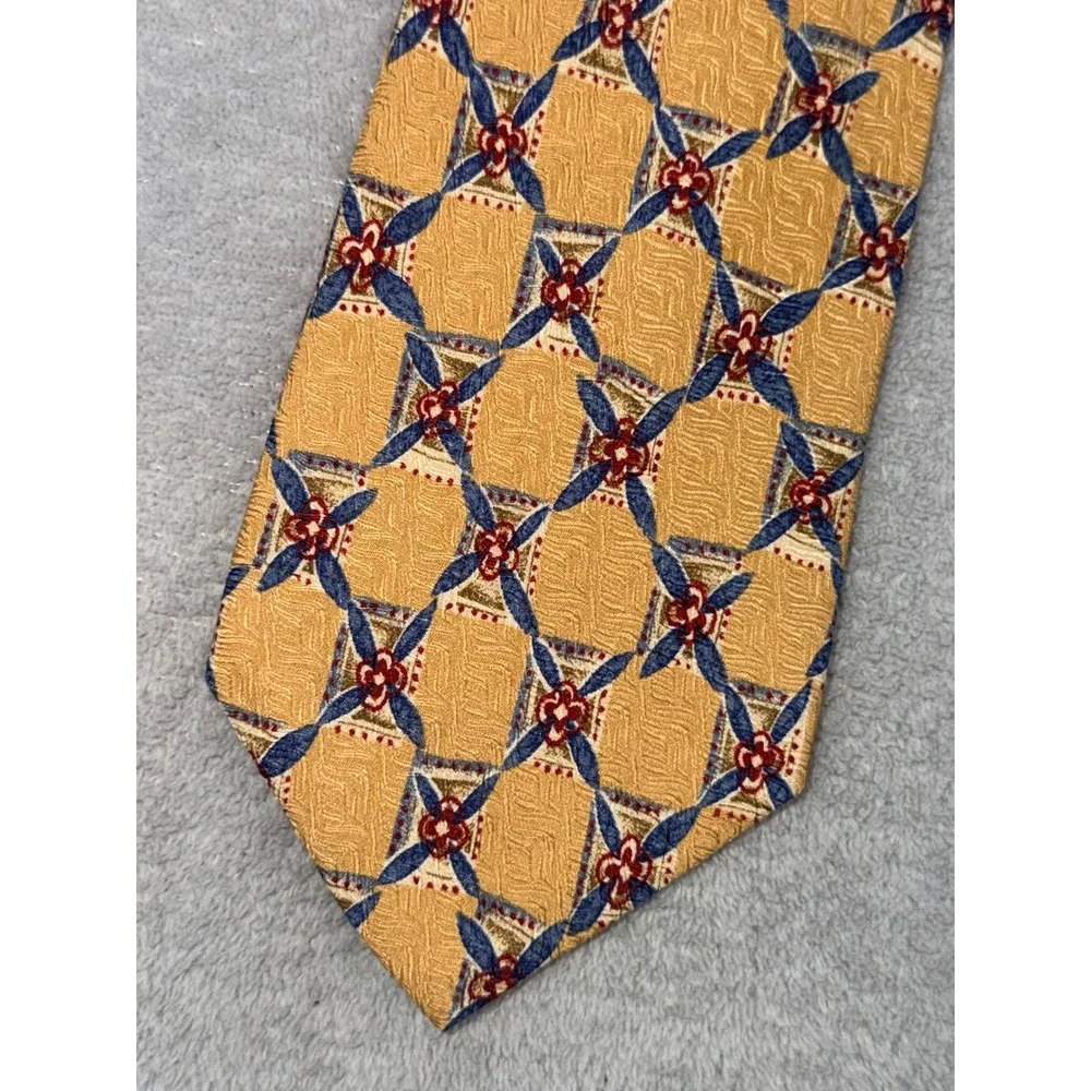 Jos A Bank Premier Collection Silk Tie Gold Navy Blue Geometric Lattice USA Made